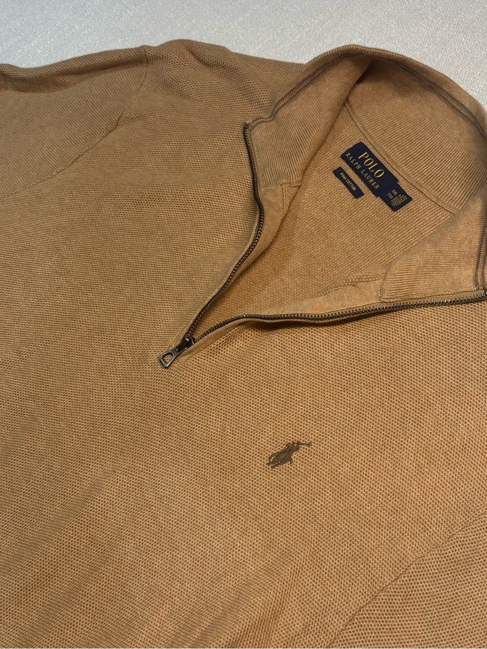 Ralph Lauren Men’s 1/4 Zip Pima Cotton Sweater in Camel Tan